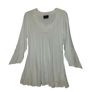 Braja Exclusives White Sequin Embroidered Tunic Top Long Sleeve Boho Free Size